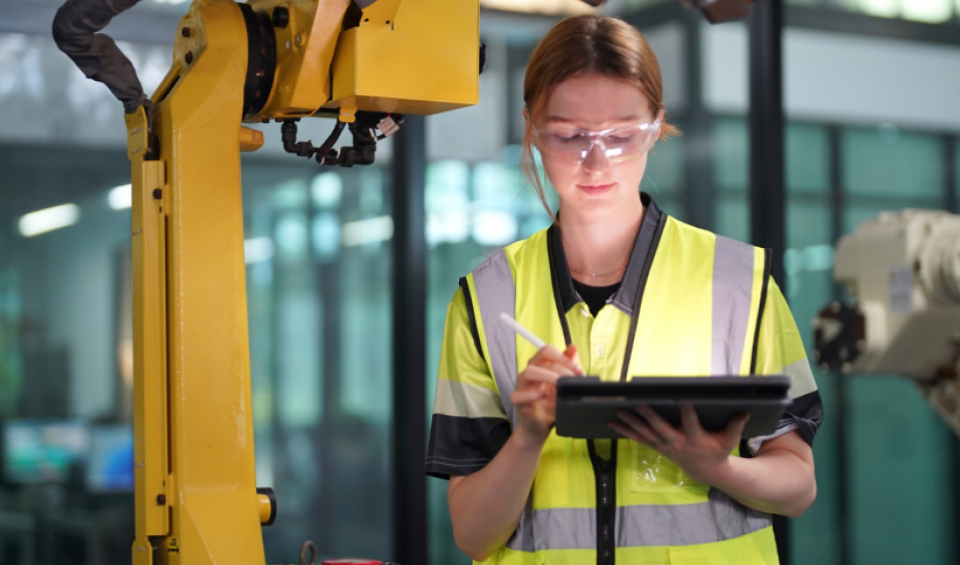 Une femme portant des lunettes de protection et un gilet de sécurité jaune haute visibilité utilise un stylet sur une tablette, debout entre des bras robotisés industriels dans un environnement de travail moderne.
