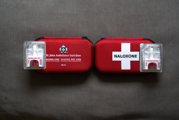 Naloxone kits on gray background