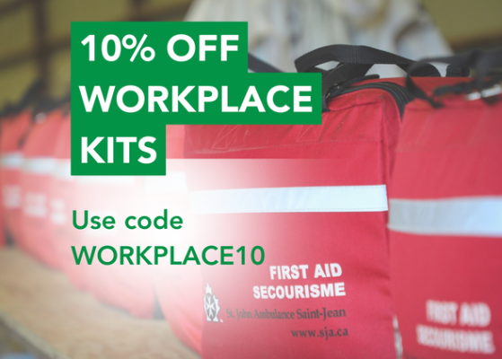 First Aid Kits in the background with the wording 10% off Workplace Kits on top of the image.